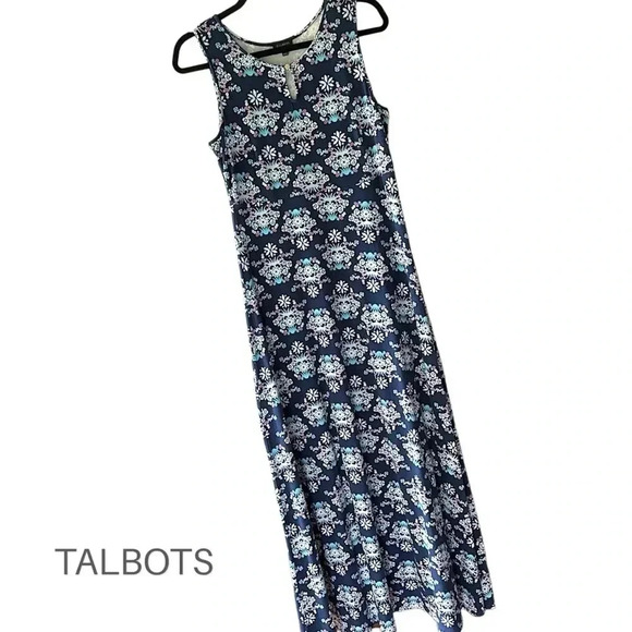 TALBOTS | NWOT | SLEEVELESS COTTON MAXI DRESS FLORAL NAVY BLUE | SIZE: SMALL - Picture 1 of 9